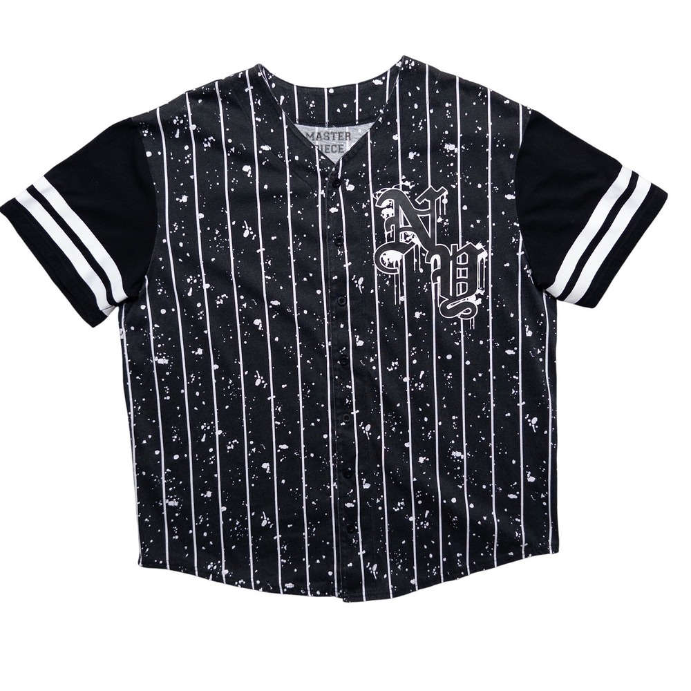 Master Piece Baseball Jersey Mens XL Black White Stripe Splatter Print Button Up